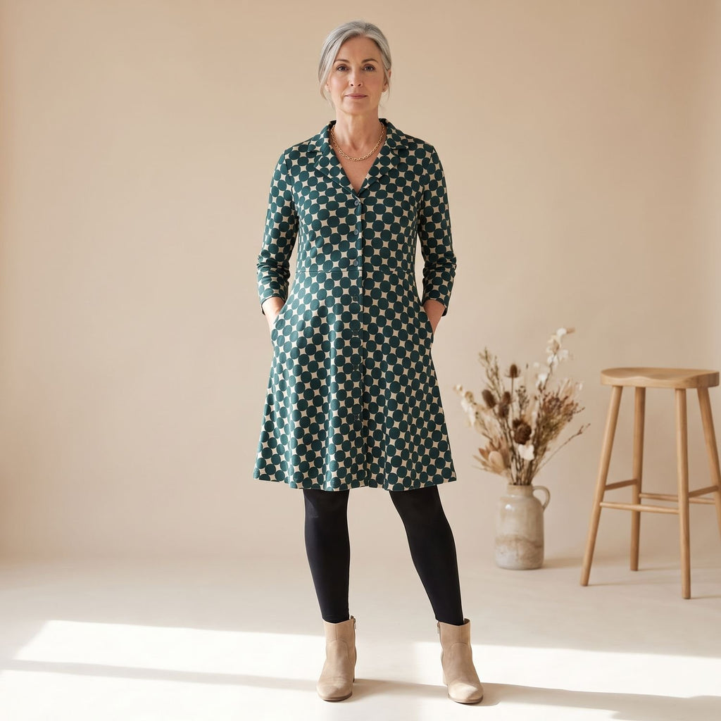 Women's Long Sleeve Geometric Print Lapel Collar Swing Dress - Green