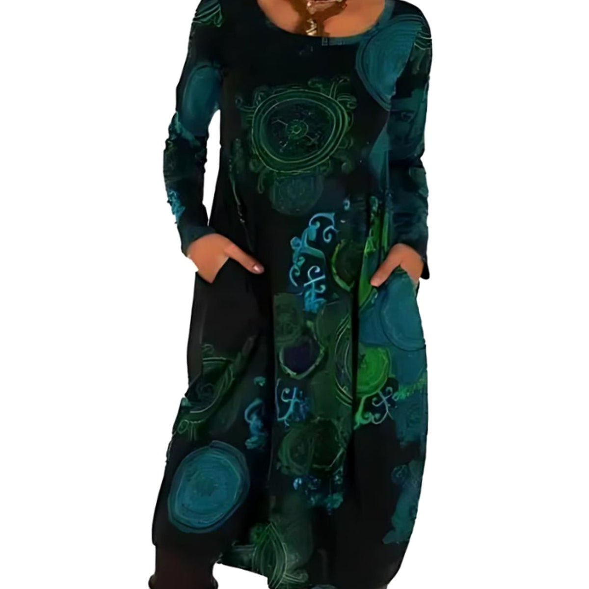 Women's Long-Sleeve Loose-Fit Midi Dress Allover Print Pockets - Blue