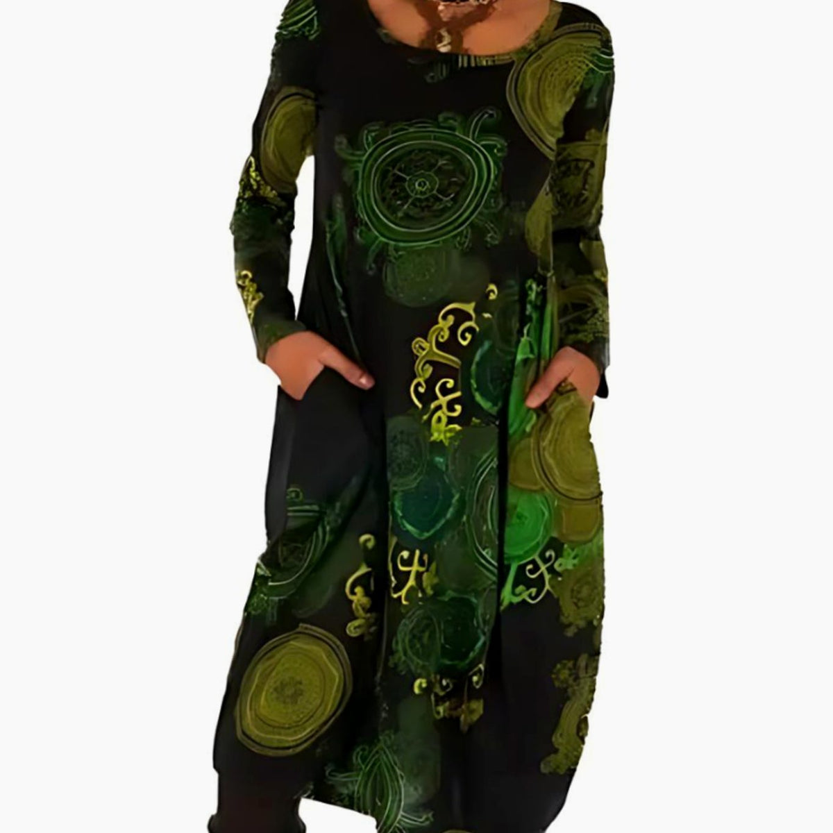 Women's Long-Sleeve Loose-Fit Midi Dress Allover Print Pockets - Green