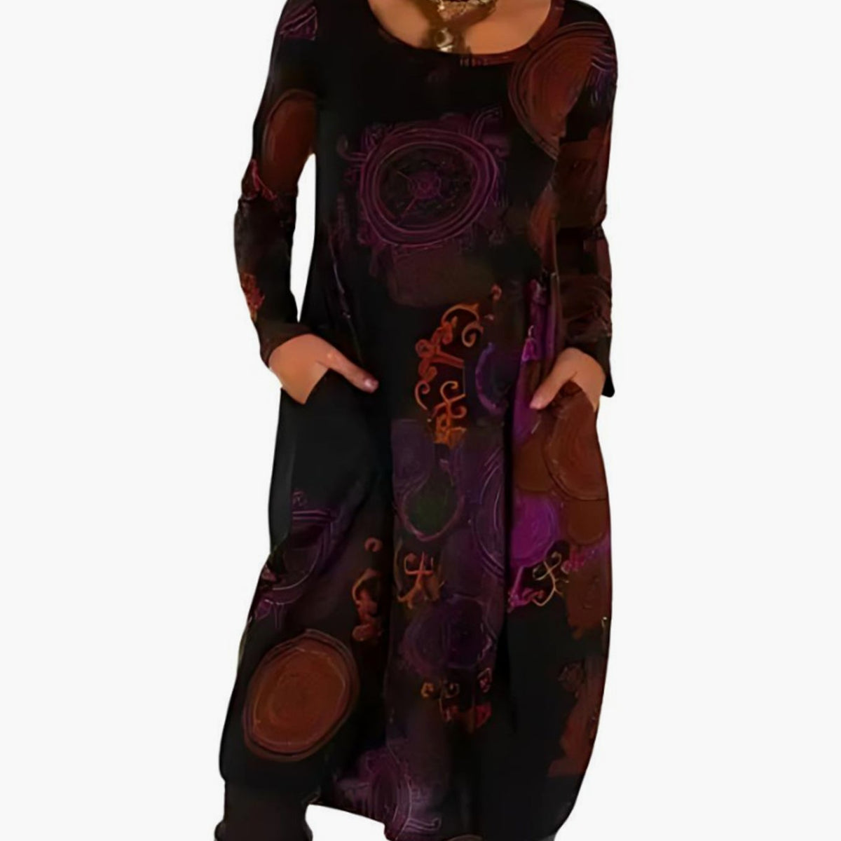 Women's Long-Sleeve Loose-Fit Midi Dress Allover Print Pockets - Red