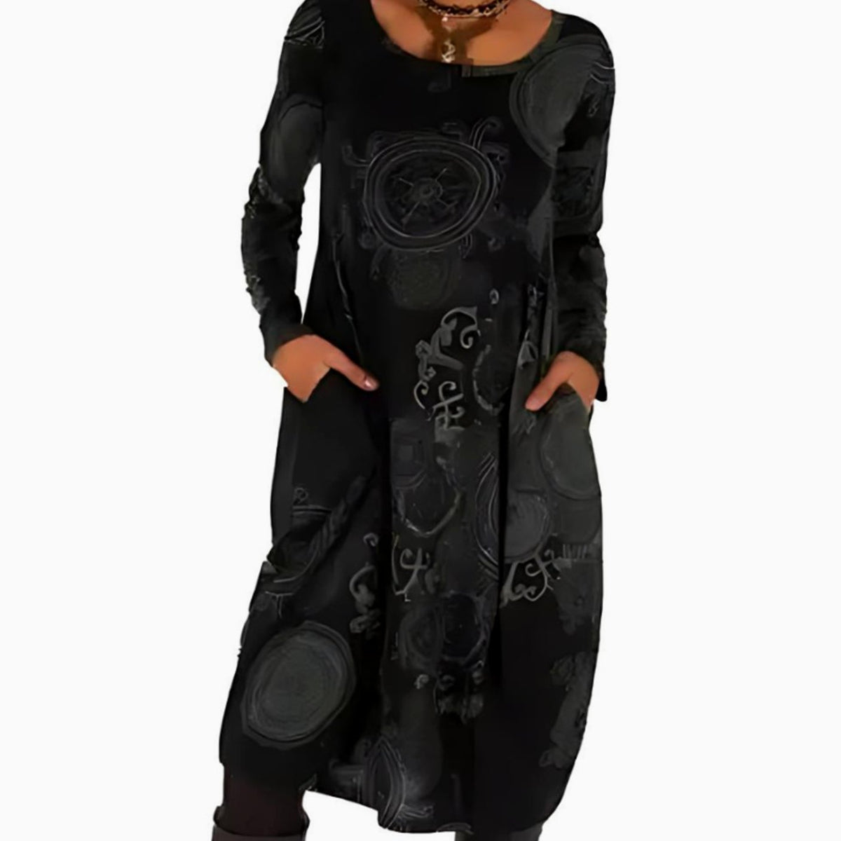 Women's Long-Sleeve Loose-Fit Midi Dress Allover Print Pockets - Black