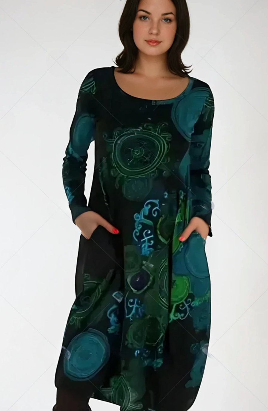 Women's Long-Sleeve Loose-Fit Midi Dress Allover Print Pockets