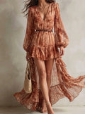 Women's Long Sleeve Mini Dress Deep V-Neck Floral Asymmetric Ruffle - Terracotta