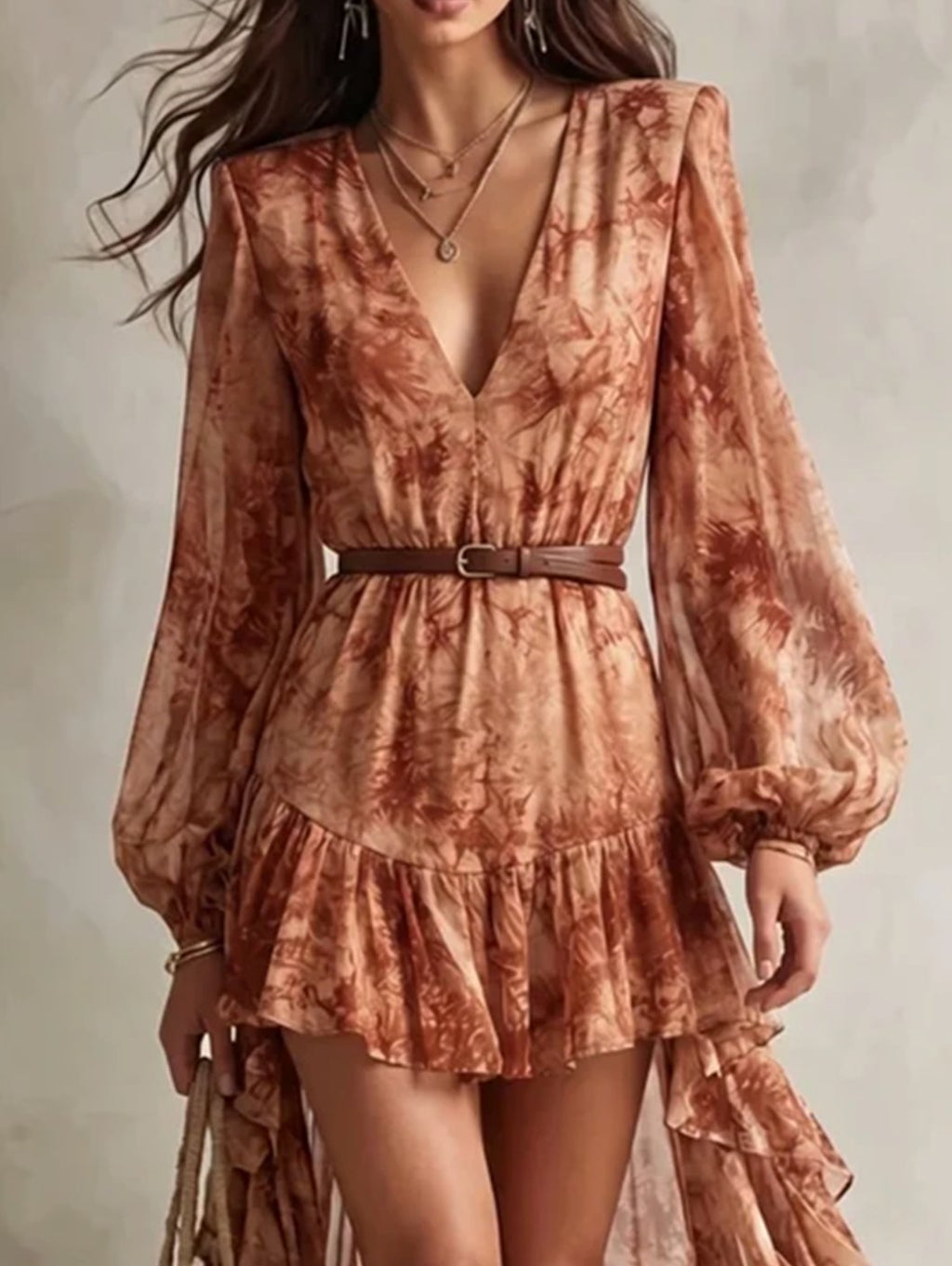 Women's Long Sleeve Mini Dress Deep V-Neck Floral Asymmetric Ruffle
