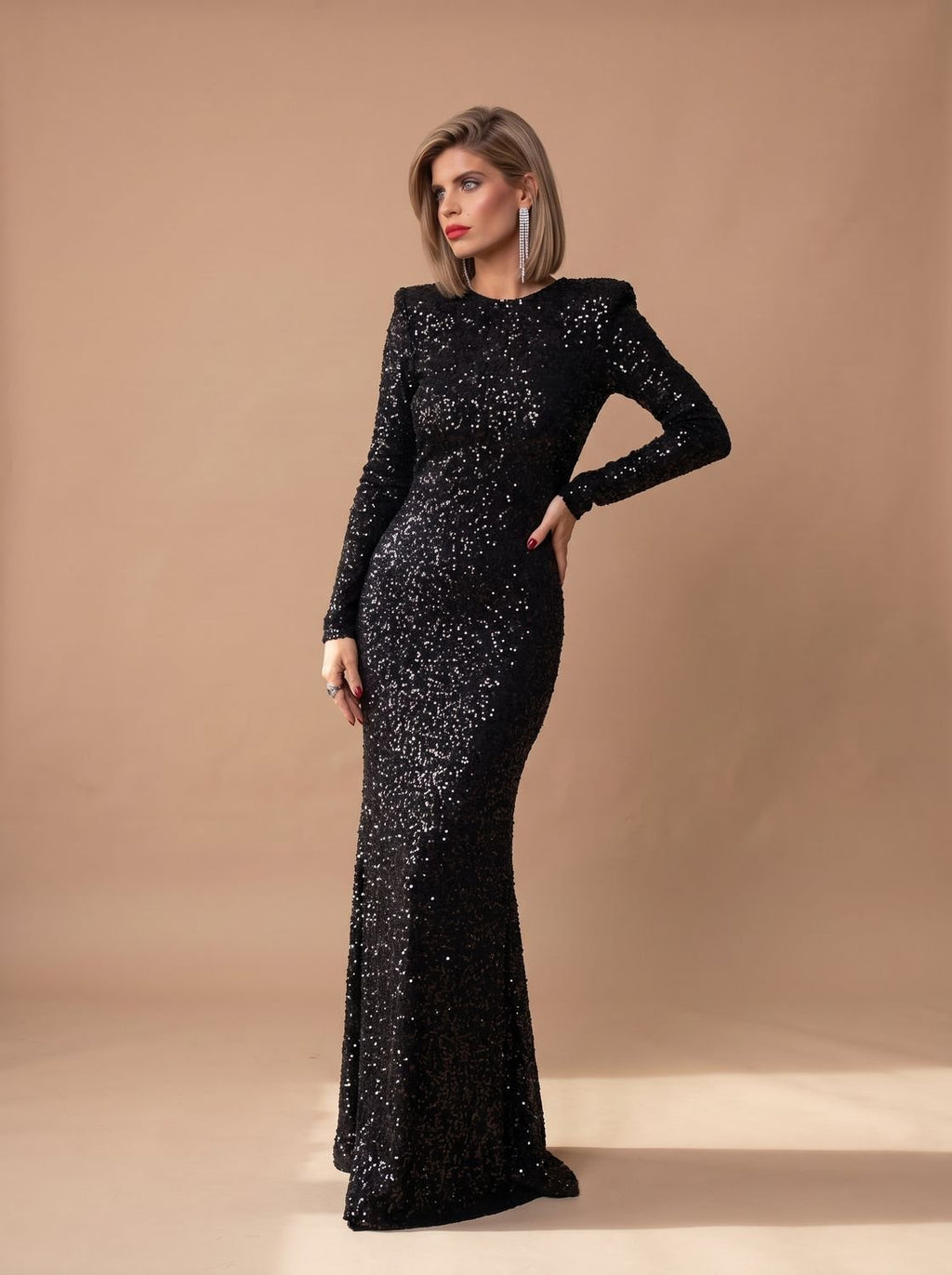 Women's Long-Sleeve Open-Back Sequin Maxi Dress
