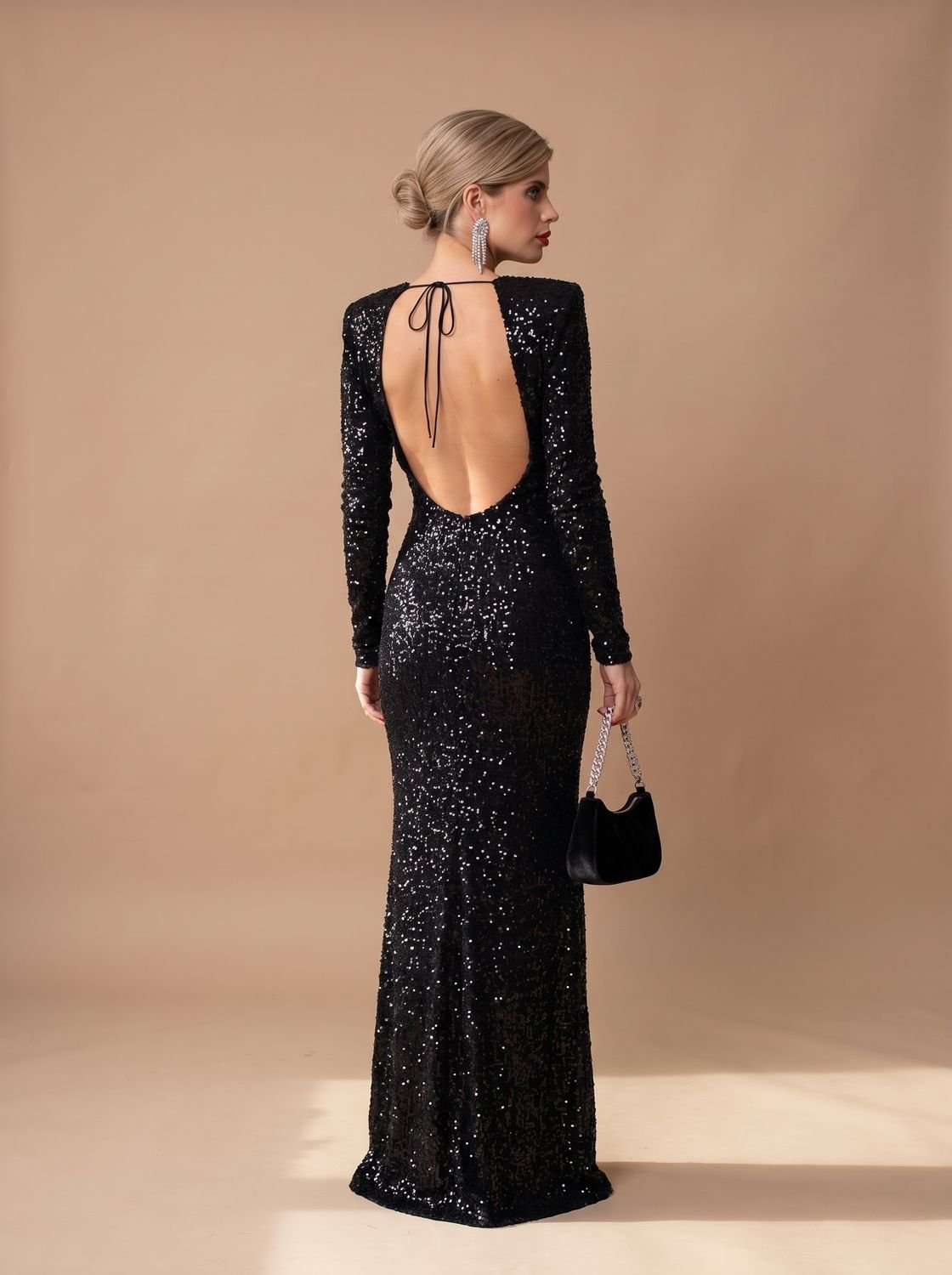 Women's Long-Sleeve Open-Back Sequin Maxi Dress