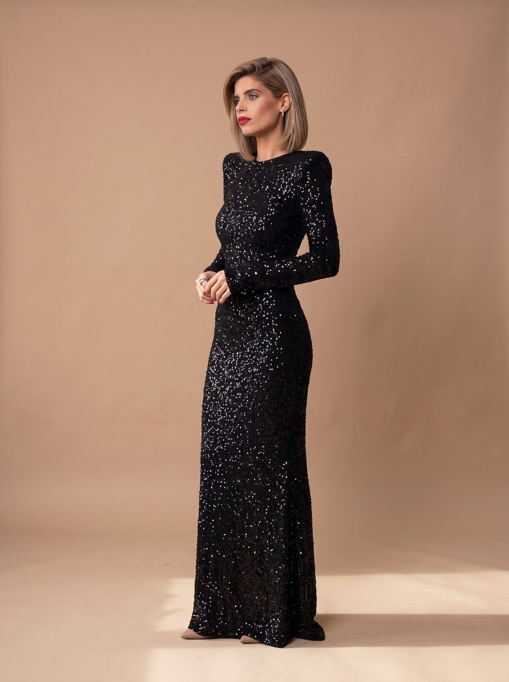 Women's Long-Sleeve Open-Back Sequin Maxi Dress