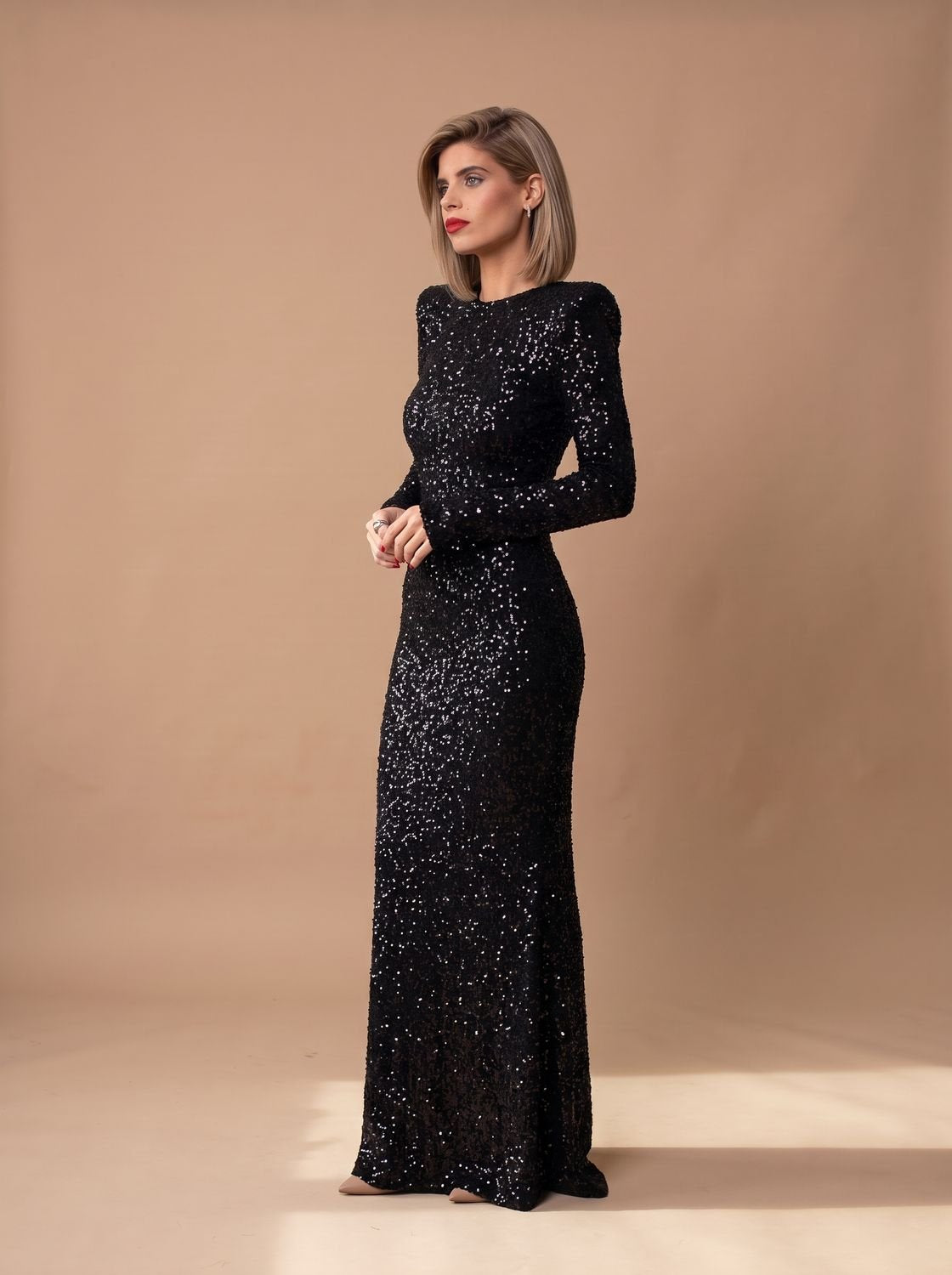 Women's Long-Sleeve Open-Back Sequin Maxi Dress