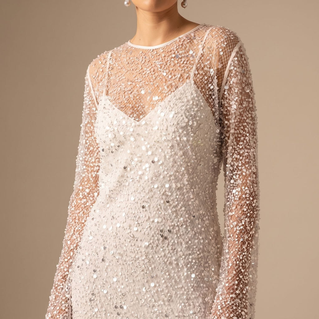 Women's Long-Sleeve Sequin Mini Dress Sheer Glitter Party