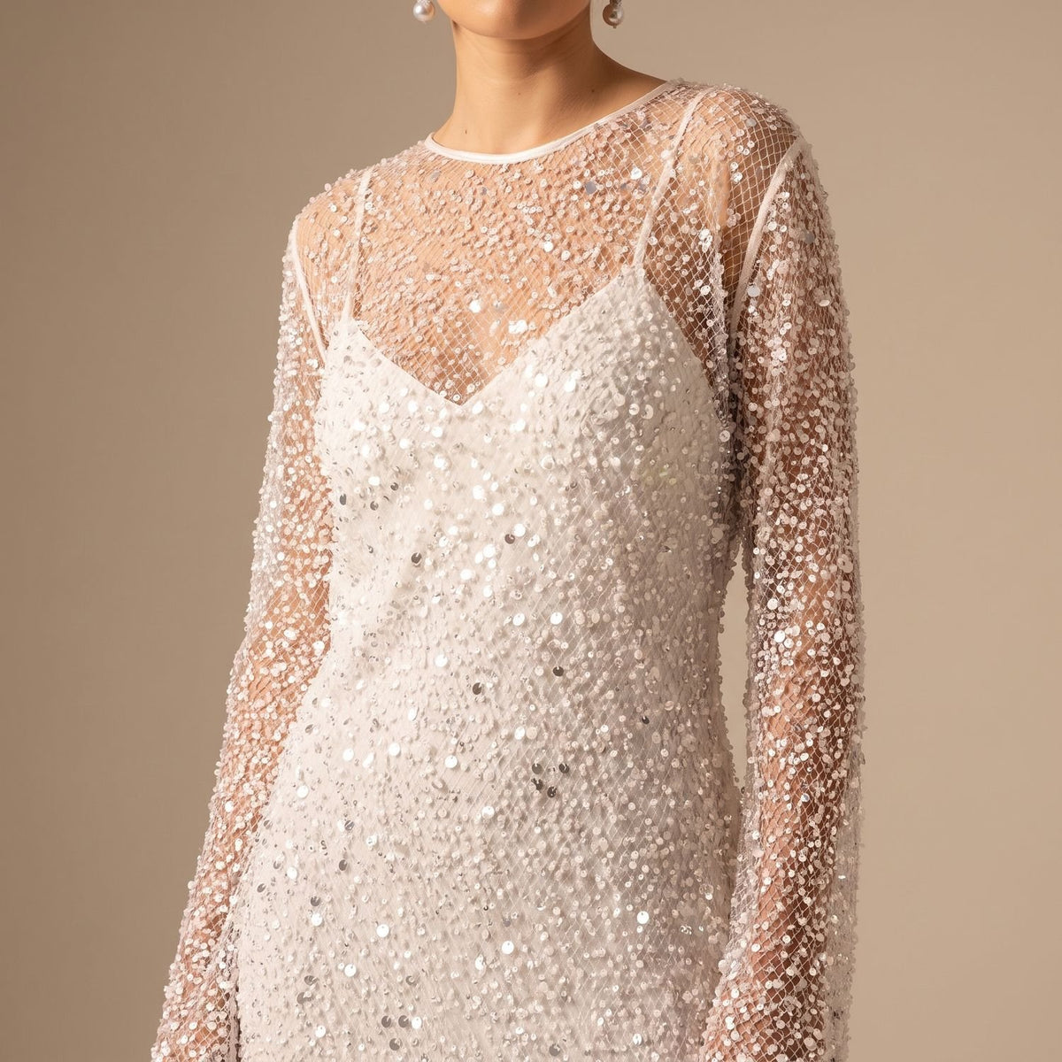 Women's Long-Sleeve Sequin Mini Dress Sheer Glitter Party