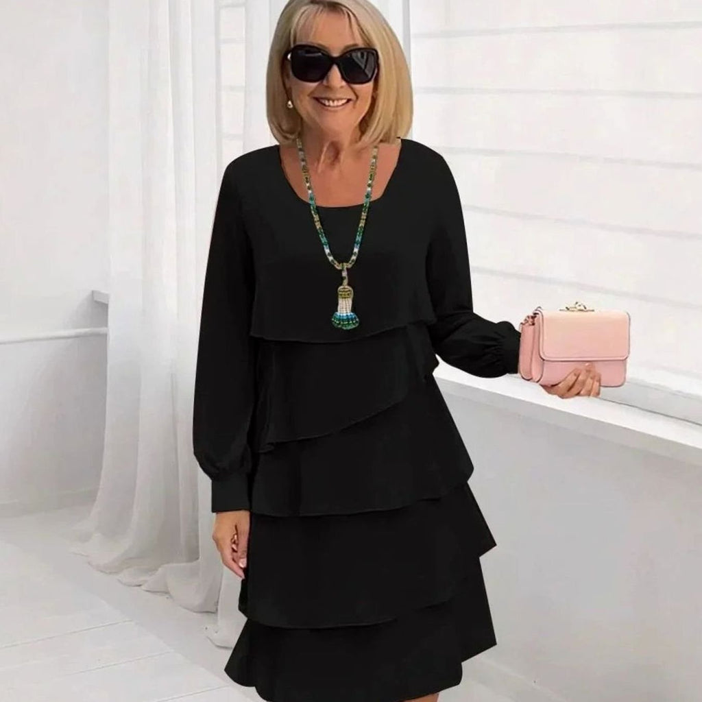 Women's Long-Sleeve Tiered Ruffle Midi Dress - Black