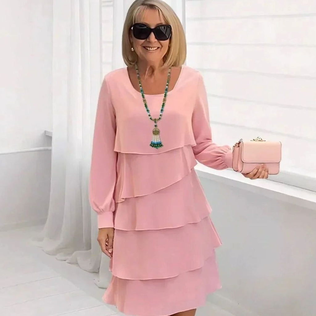 Women's Long-Sleeve Tiered Ruffle Midi Dress - Pink