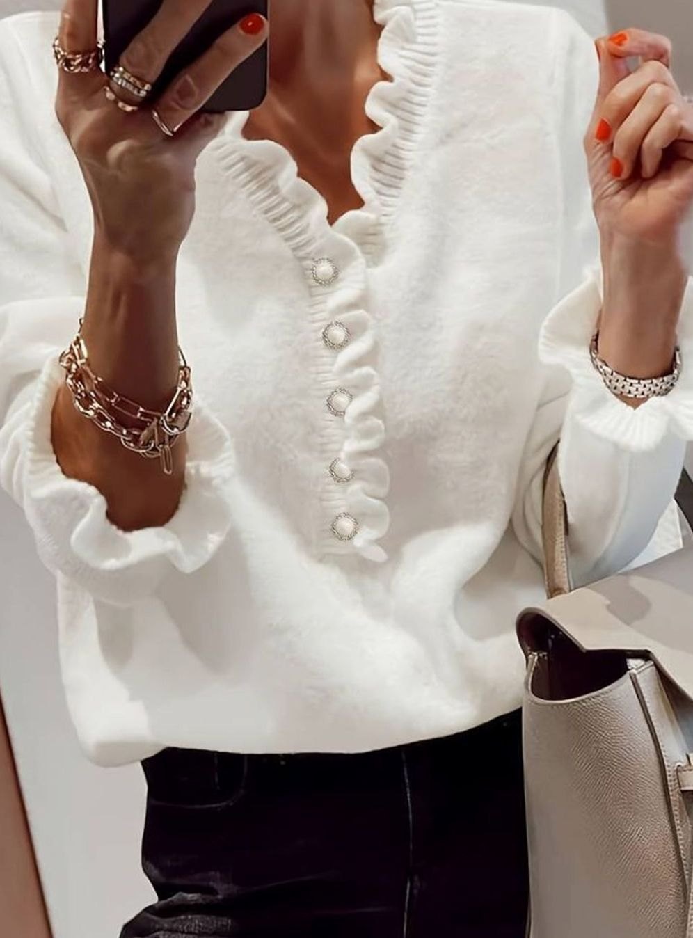 Women's Long-Sleeve V-Neck Ruffle Blouse Decorative Button Knit Top