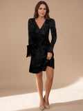 Women's Long-Sleeve V-Neck Sequin Christmas Party Mini Dress - Black
