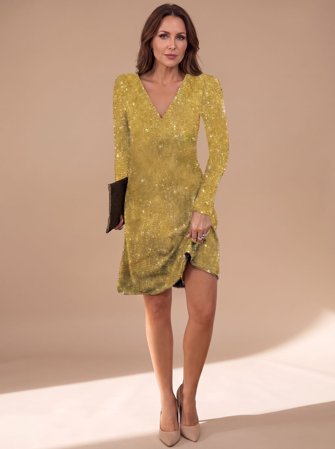 Women's Long-Sleeve V-Neck Sequin Christmas Party Mini Dress