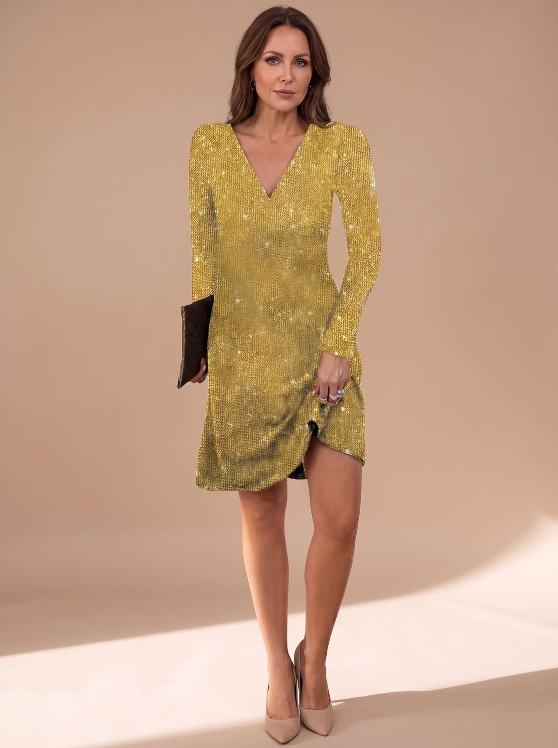 Women's Long-Sleeve V-Neck Sequin Christmas Party Mini Dress - Yellow