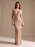 Women's Long-Sleeve V-Neck Sequin Maxi Dress - Light Brown