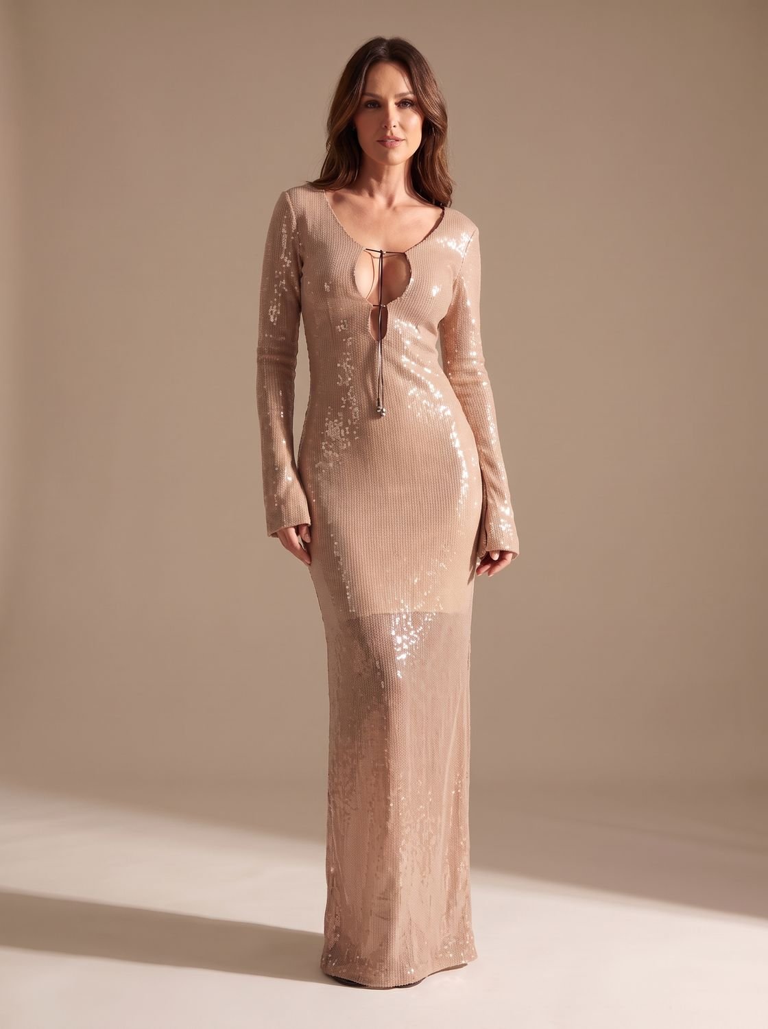 Women's Long-Sleeve V-Neck Sequin Maxi Dress - Light Brown