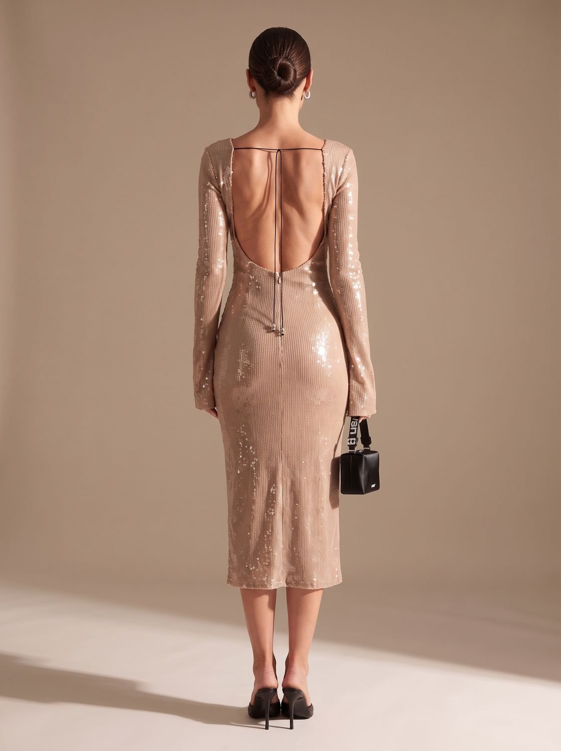 Women's Long-Sleeve V-Neck Sequin Maxi Dress