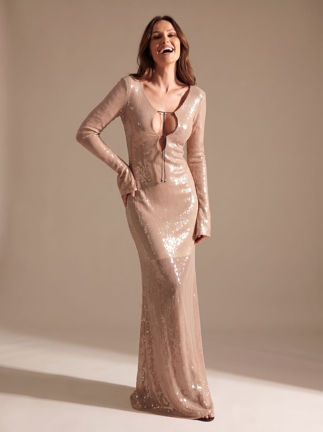 Women's Long-Sleeve V-Neck Sequin Maxi Dress