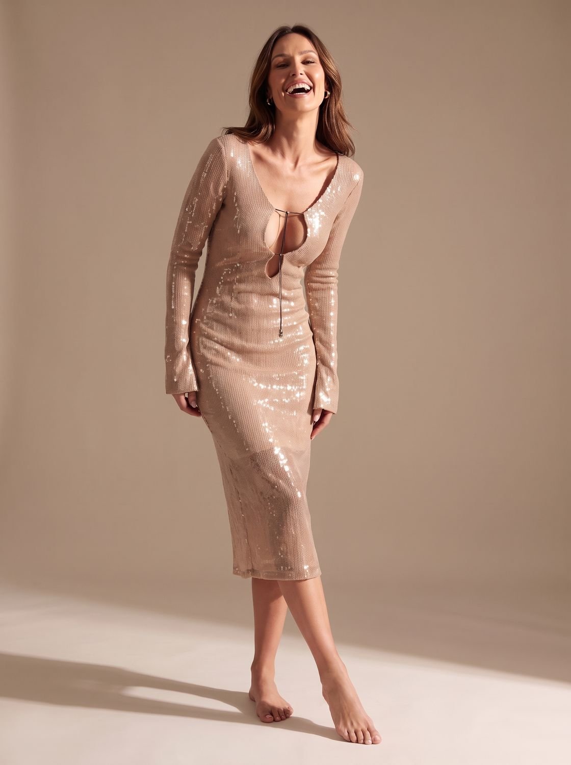Women's Long-Sleeve V-Neck Sequin Maxi Dress