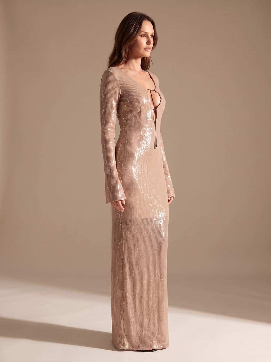 Women's Long-Sleeve V-Neck Sequin Maxi Dress
