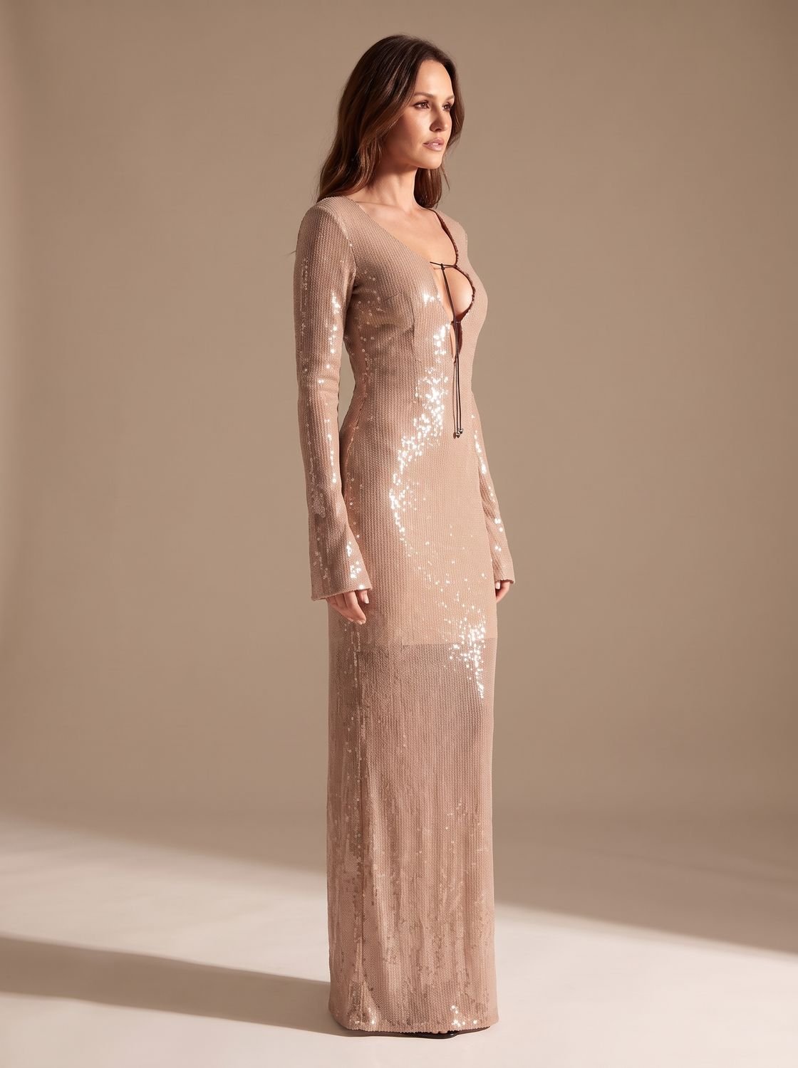 Women's Long-Sleeve V-Neck Sequin Maxi Dress