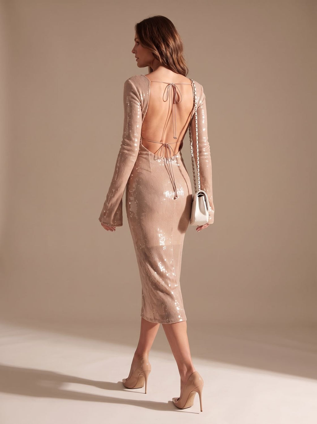 Women's Long-Sleeve V-Neck Sequin Maxi Dress