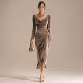 Women's Long-Sleeve Velvet Cowl-Neck Ruched Midi Christmas Party Dress - Champagne