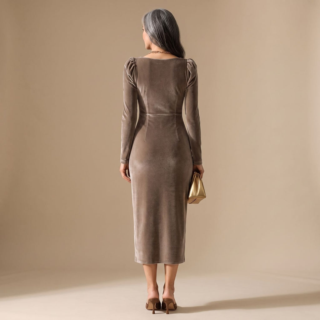 Women's Long-Sleeve Velvet Cowl-Neck Ruched Midi Christmas Party Dress