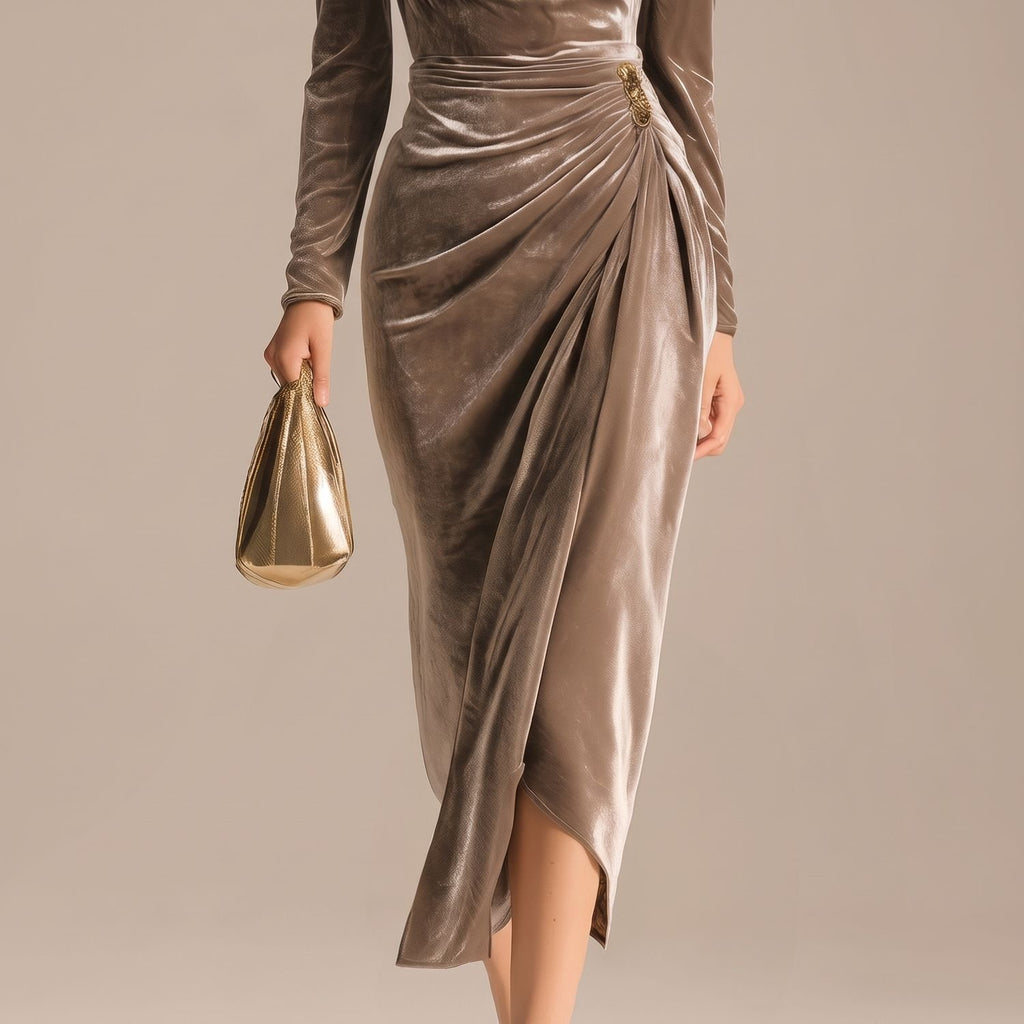 Women's Long-Sleeve Velvet Cowl-Neck Ruched Midi Christmas Party Dress