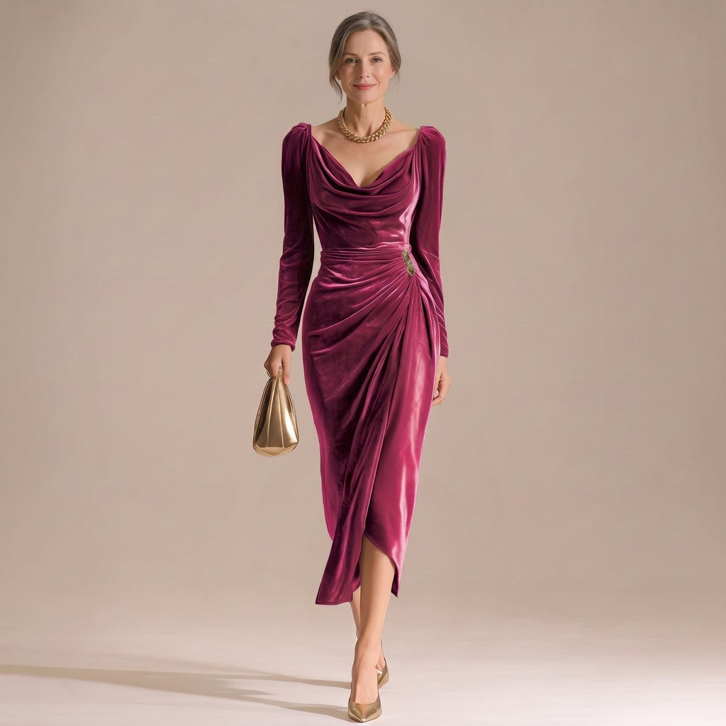 Women's Long-Sleeve Velvet Cowl-Neck Ruched Midi Christmas Party Dress - Pink Red