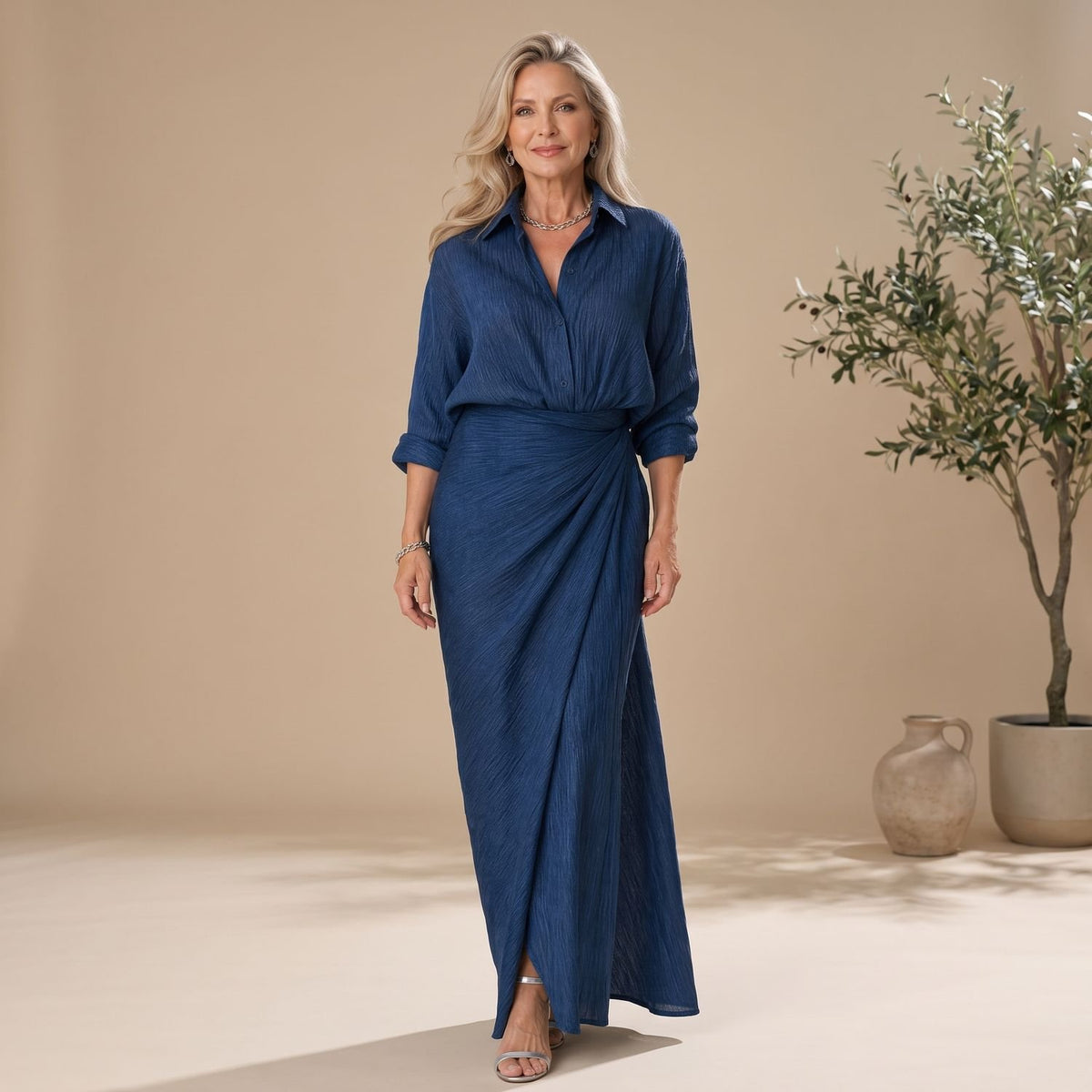 Women's Long Sleeve Wrap Front Maxi Dress Gathered Waist - Navy
