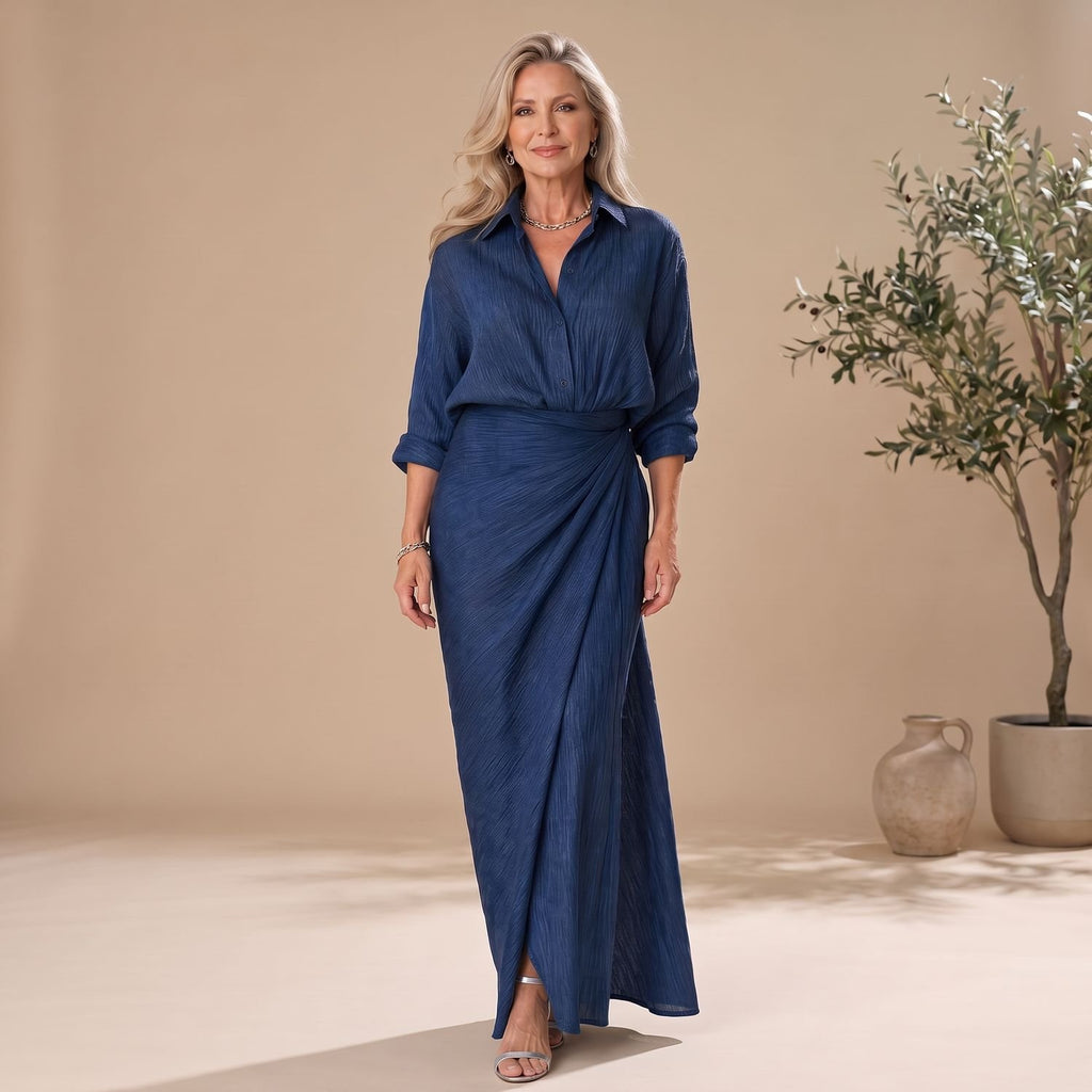 Women's Long Sleeve Wrap Front Maxi Dress Gathered Waist