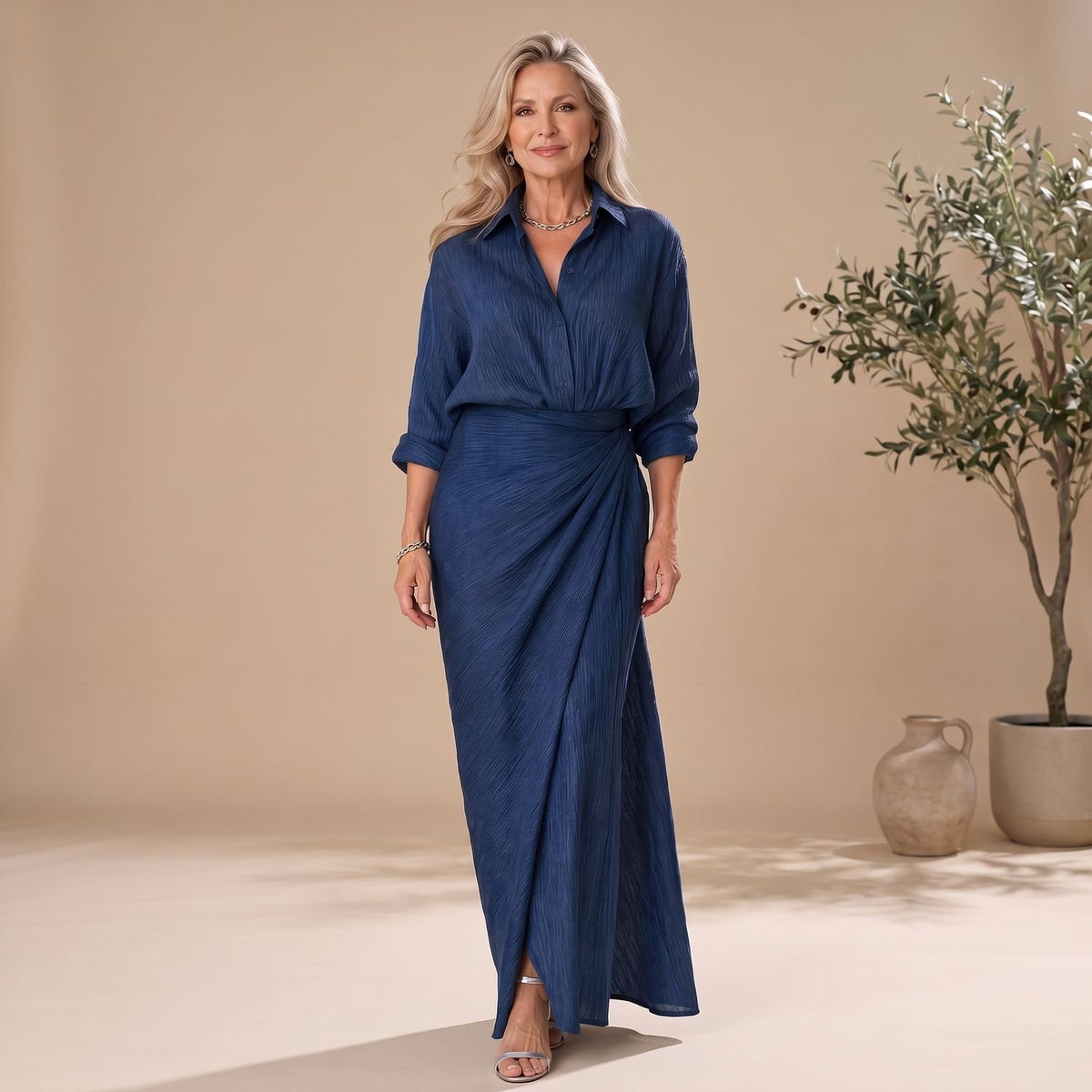 Women's Long Sleeve Wrap Front Maxi Dress Gathered Waist