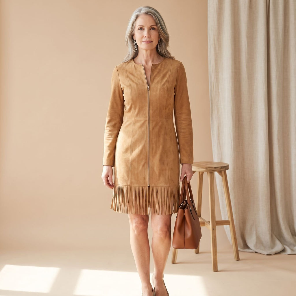 Women's Long-Sleeve Zipper-Front Fringe-Hem Mini Dress - Brown