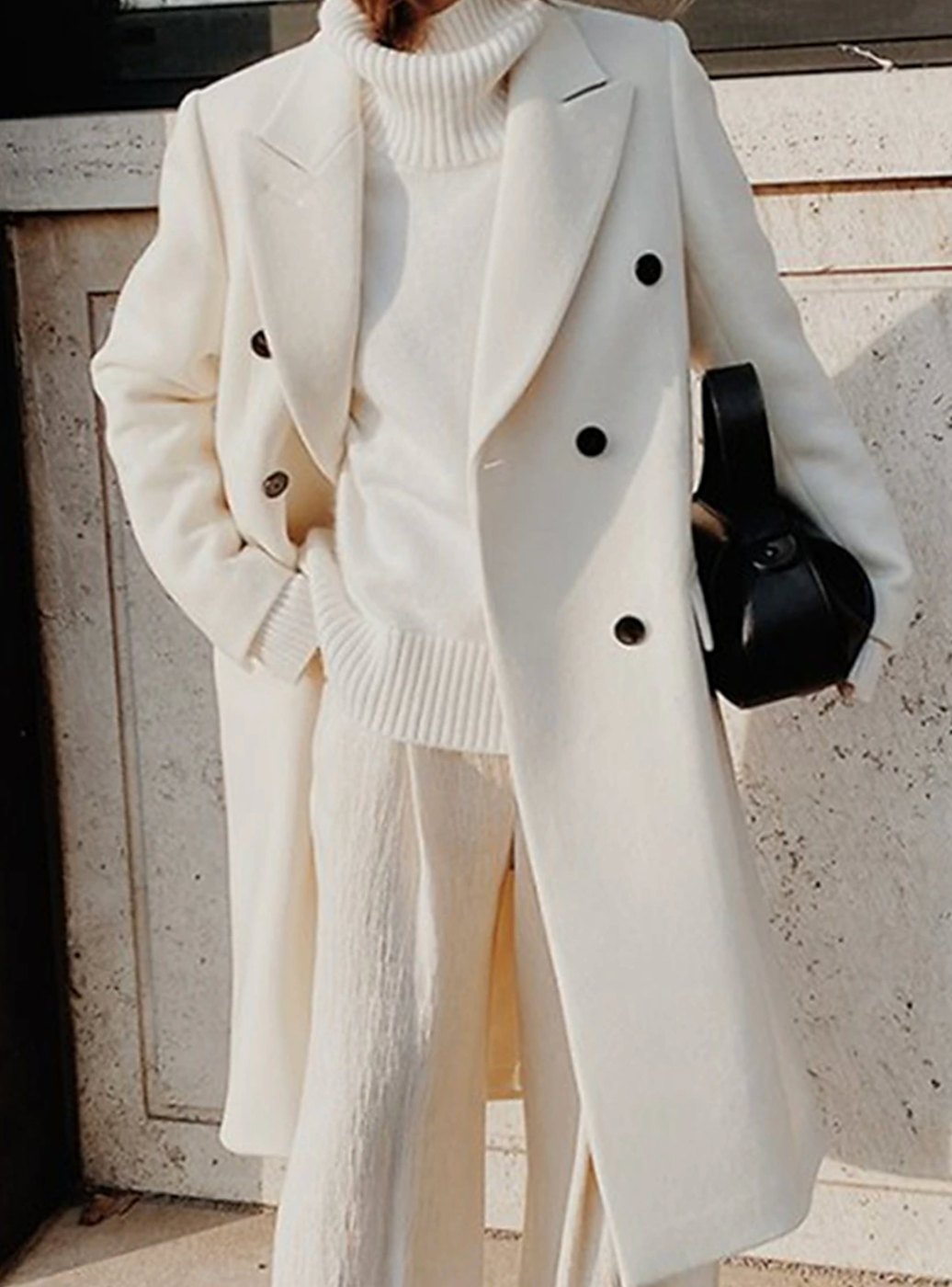 Women's Longline Double-Breasted Wide-Lapel Winter Coat - White