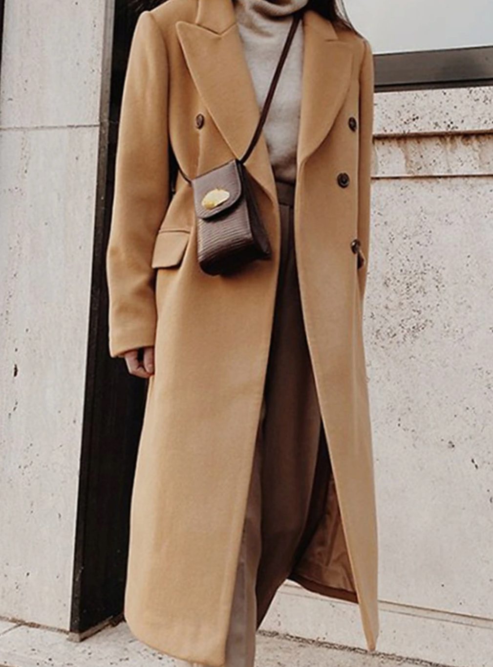 Women's Longline Double-Breasted Wide-Lapel Winter Coat - Khaki