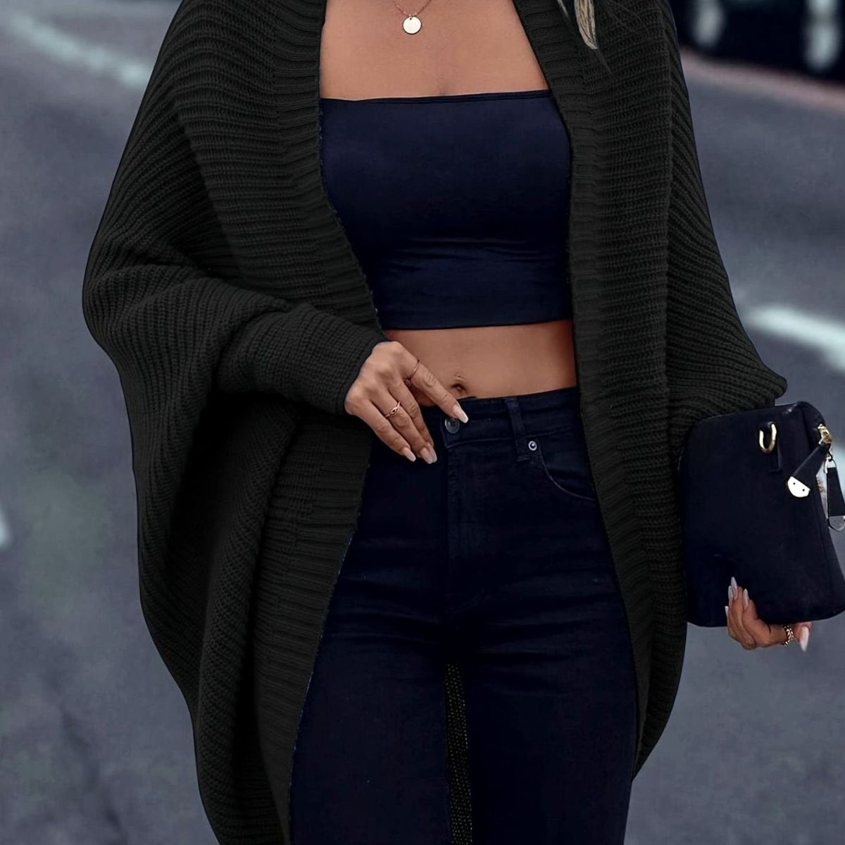 Women's Longline Open-Front Batwing Knit Cardigan - Black
