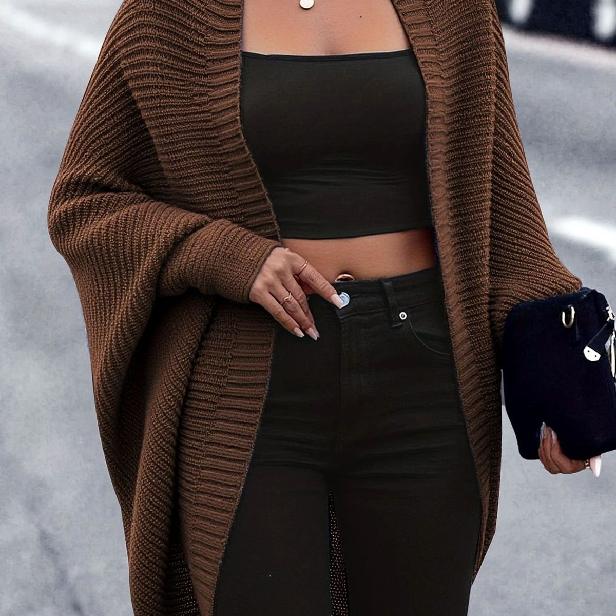 Women's Longline Open-Front Batwing Knit Cardigan - Coffee Brown