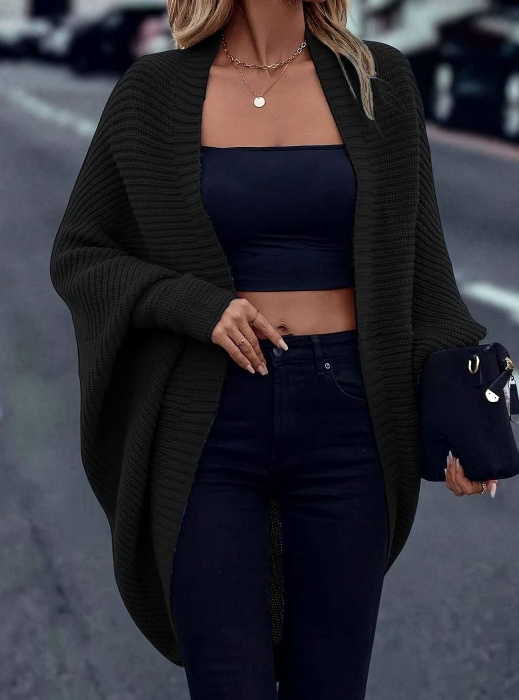 Women's Longline Open-Front Batwing Knit Cardigan