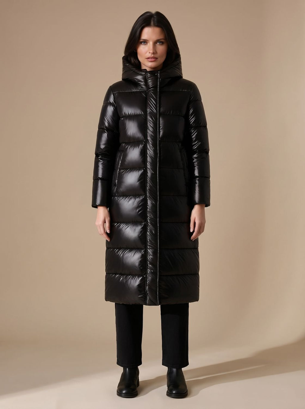 Women's Longline Quilted Hooded Puffer Jacket - Black