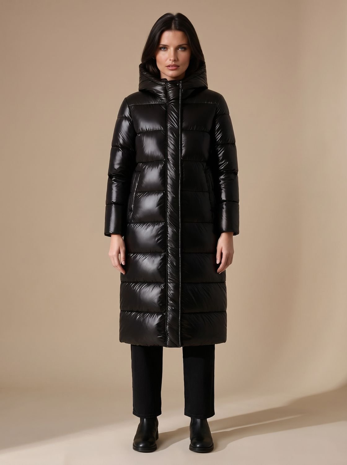 Women's Longline Quilted Hooded Puffer Jacket - Black