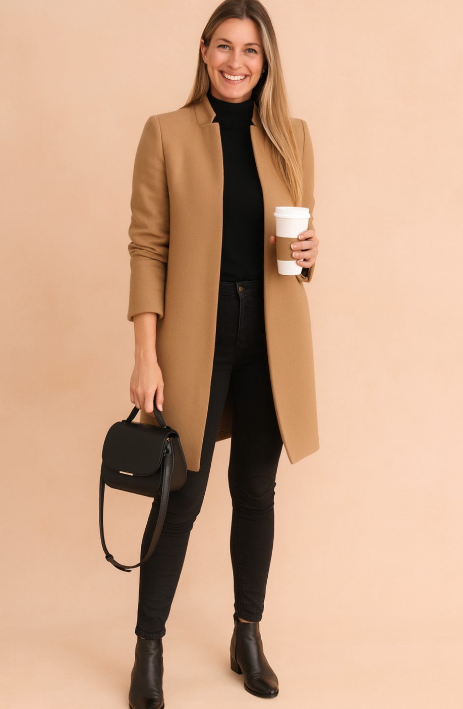 Women's Longline Straight-Cut Woolen Overcoat - Khaki