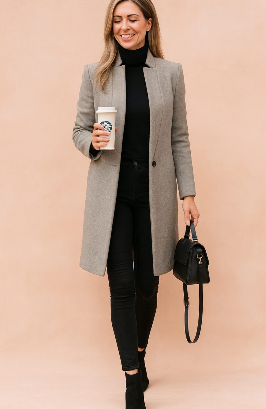 Women's Longline Straight-Cut Woolen Overcoat - Gray