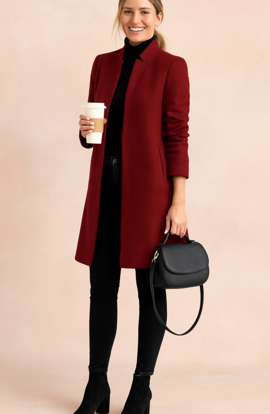 Women's Longline Straight-Cut Woolen Overcoat - Burgundy
