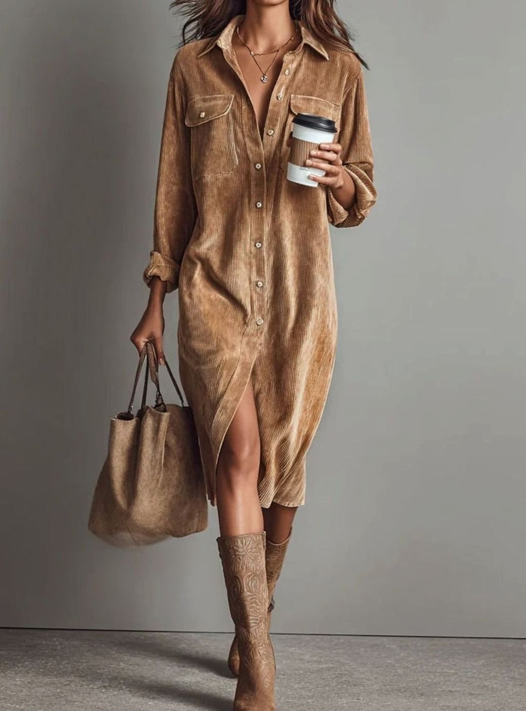 Women's Loose Corduroy Long Sleeve Midi Shirt Dress - Brown