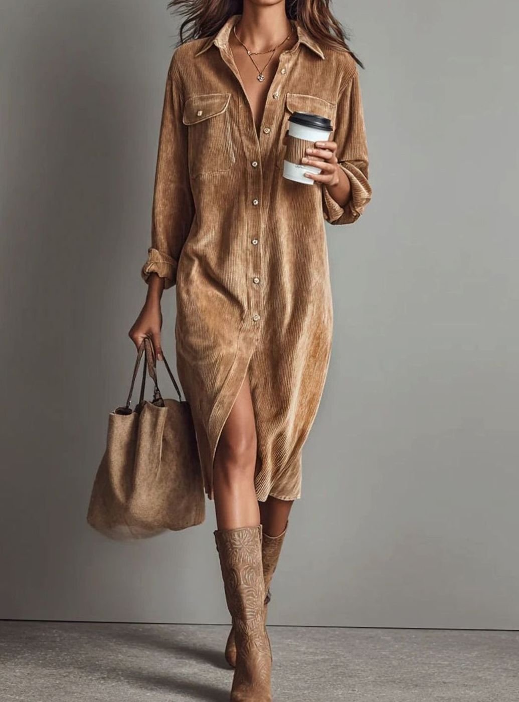 Women's Loose Corduroy Long Sleeve Midi Shirt Dress - Brown