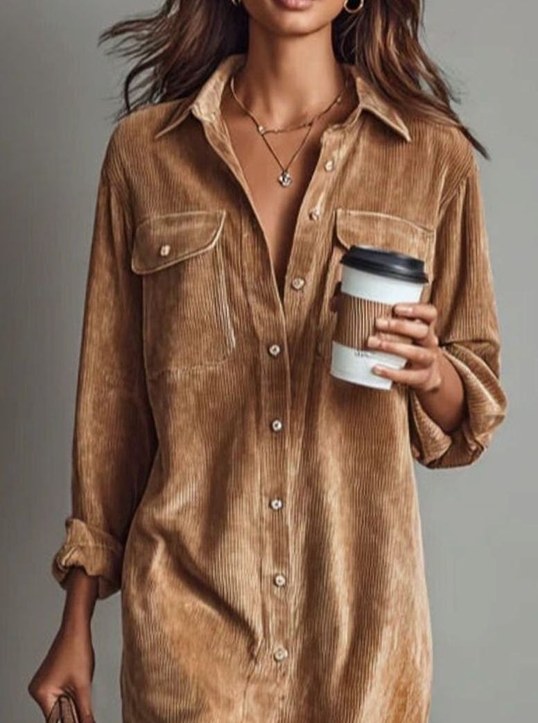 Women's Loose Corduroy Long Sleeve Midi Shirt Dress