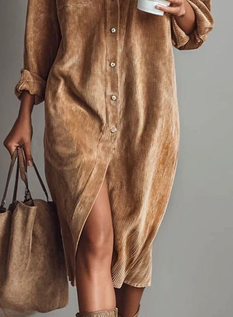Women's Loose Corduroy Long Sleeve Midi Shirt Dress